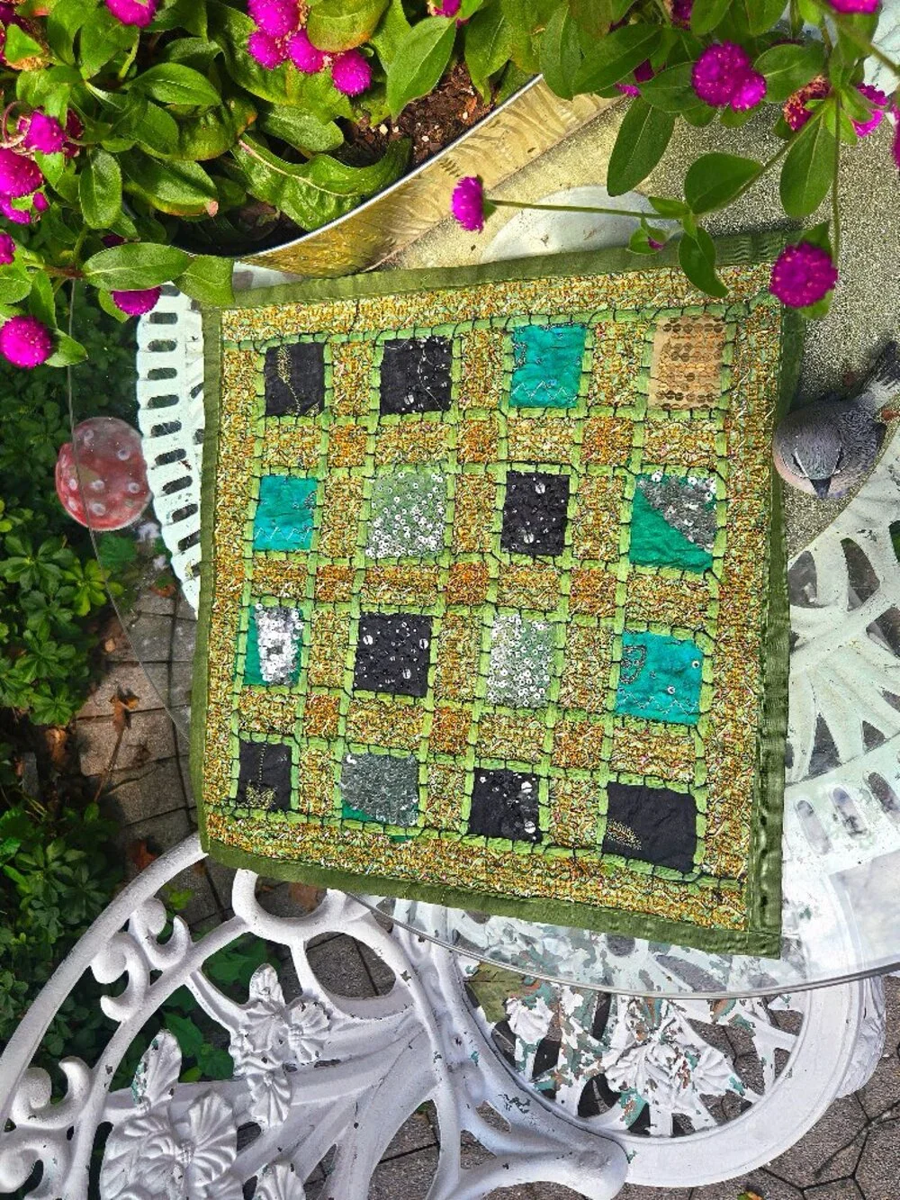 Vintage Pier 1 Imports Beaded Patchwork Placemat – Green & Gold Boho Table Decor